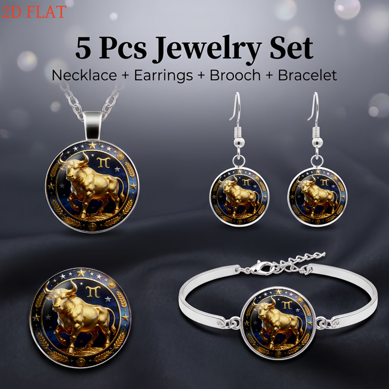 5pc Taurus Zodiac-Themed Necklace, Earrings & Brooch Set